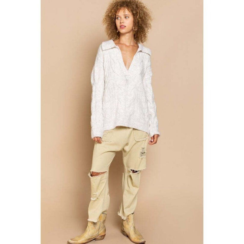 POL Clothing Light Taupe Cream Color Cardigan Oversized Cable Sweater FST312 - Picture 3 of 5